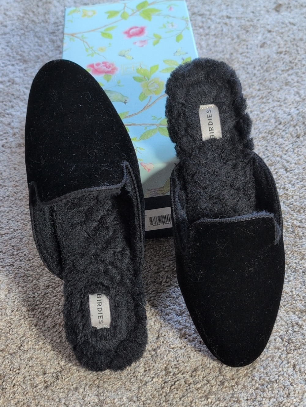 Birdies Black Velvet Furry Backless Slippers